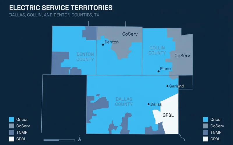 Map of Dallas, Collin and Denton counties shaded by electric territory
