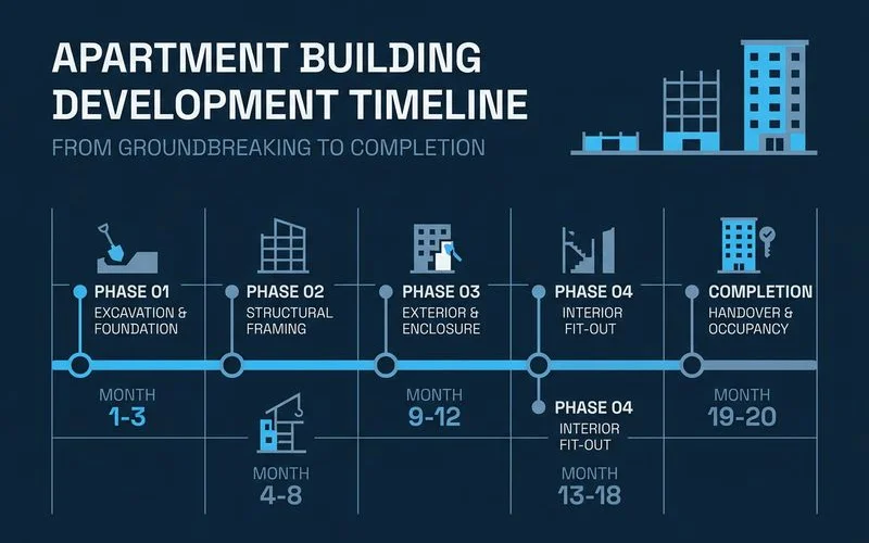 Phase timeline graphic for a new apartment building