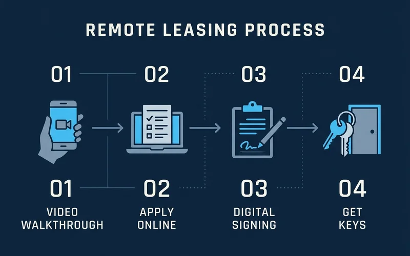 Remote leasing steps graphic from video walk to keys