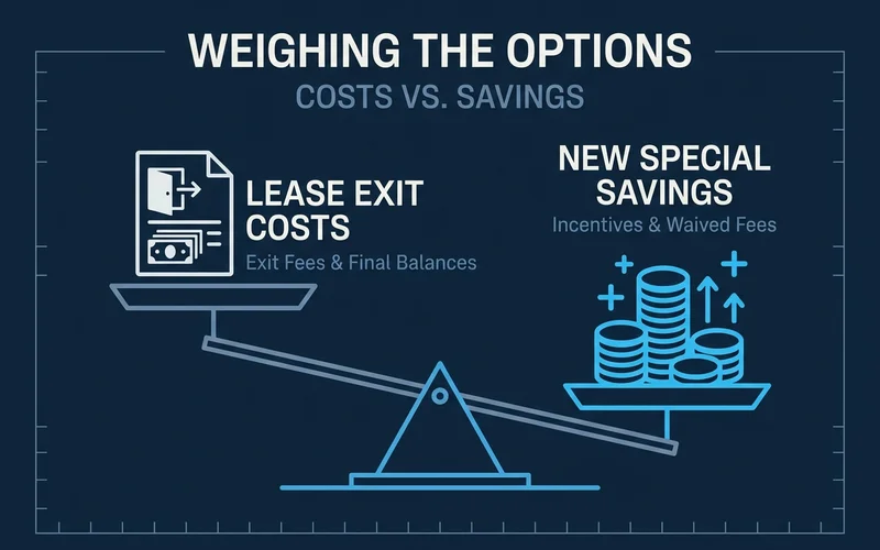 Scale graphic weighing exit costs against special savings