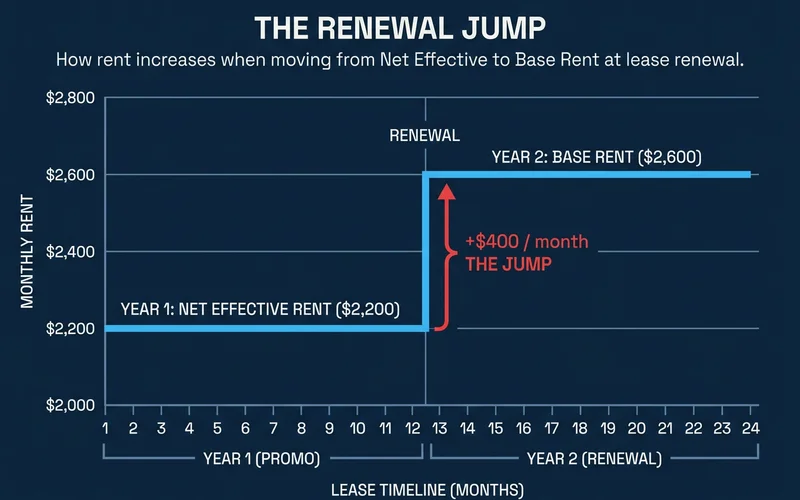 Step chart showing rent jumping from net effective to base at renewal