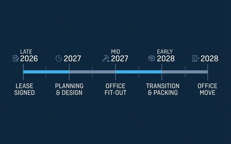 Timeline graphic from a late 2026 lease to a 2028 office move