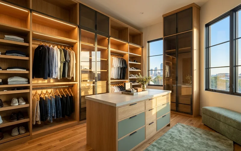 Walk-in closet with oak shelving in a new apartment