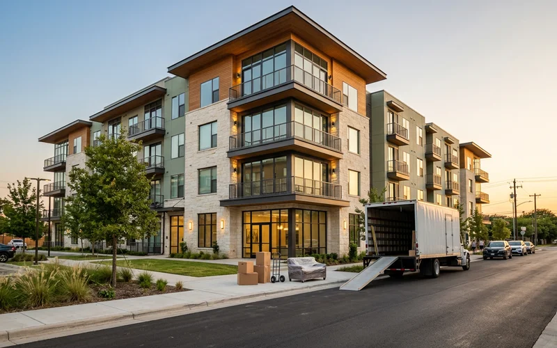 Moving day outside a new Dallas apartment building in summer