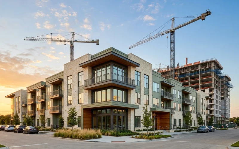 Tower cranes over new apartment construction in North Texas at sunset