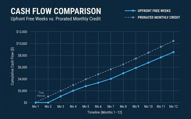 Cash flow chart comparing upfront free weeks with a prorated credit