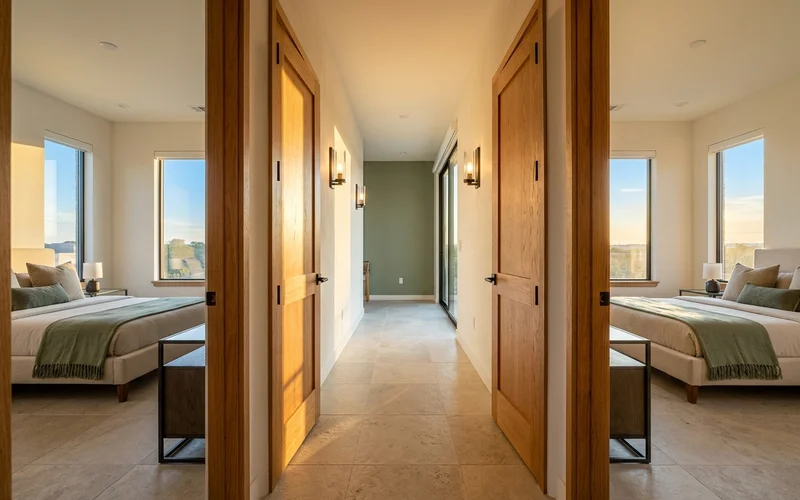 Two matching bedrooms off a new apartment hallway