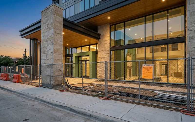 Unfinished building entrance with temporary fencing