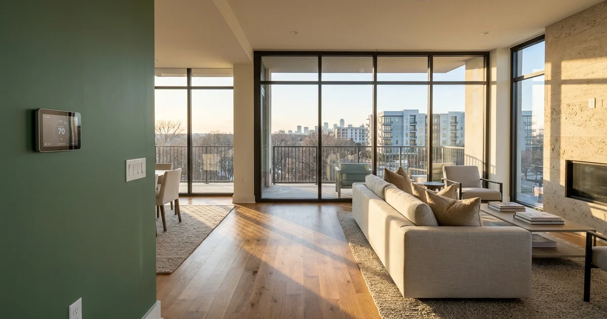 New Dallas apartment living room in winter light with a thermostat on a sage wall