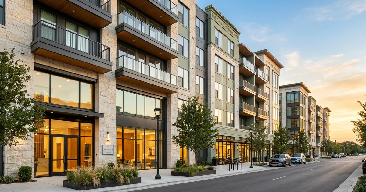 Row of new Dallas mid-rise apartment facades at golden hour