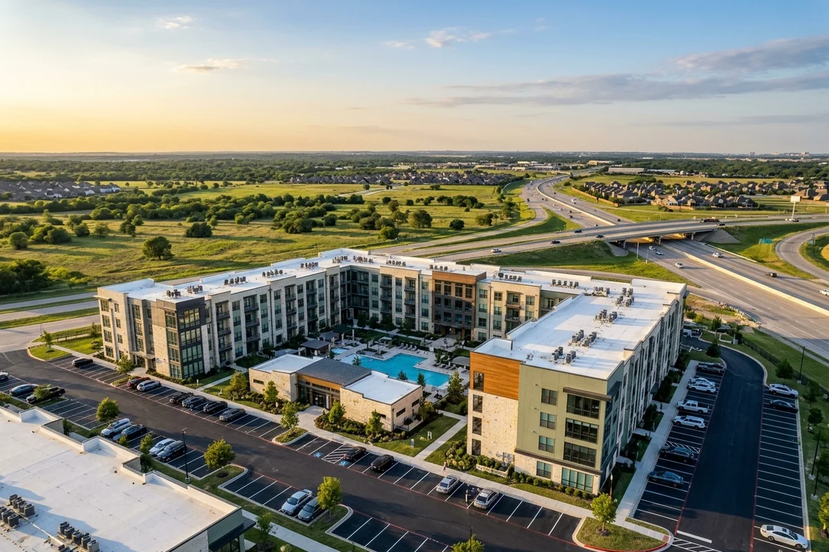 Golden hour view of new apartment construction across North Texas suburbs