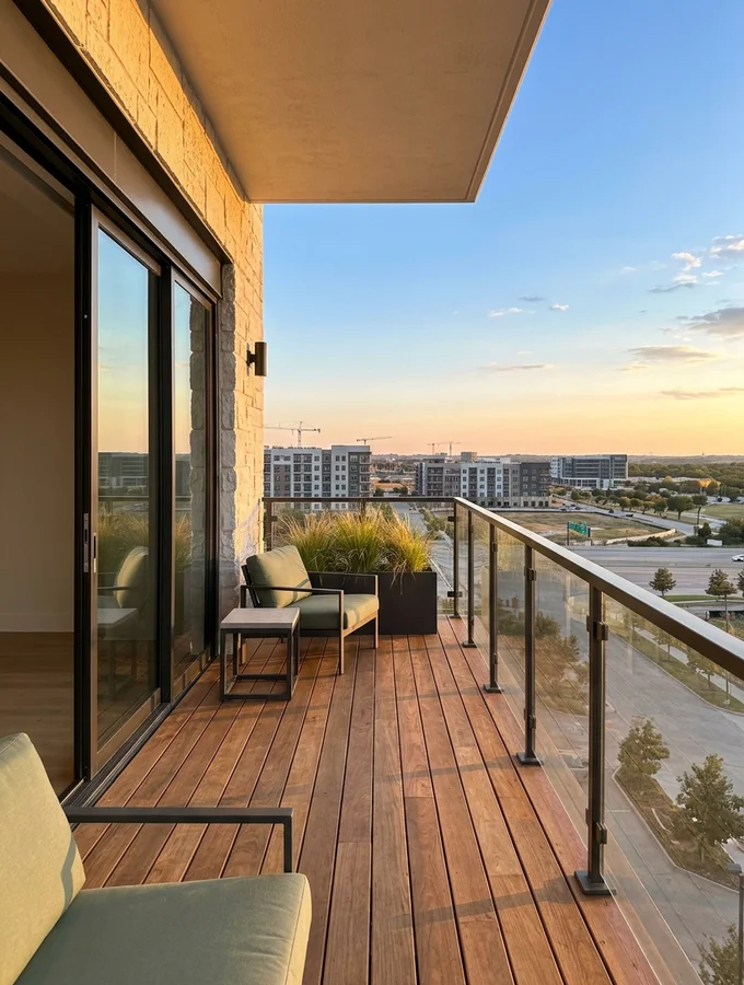 New apartment balcony overlooking North Dallas construction at golden hour