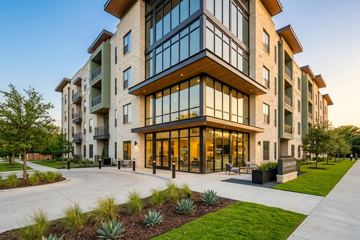 New Dallas apartment building in lease-up at golden hour