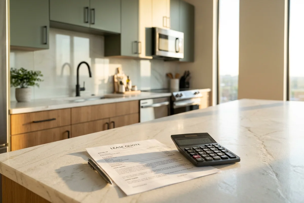 Calculator and lease quote on a stone counter in a new kitchen