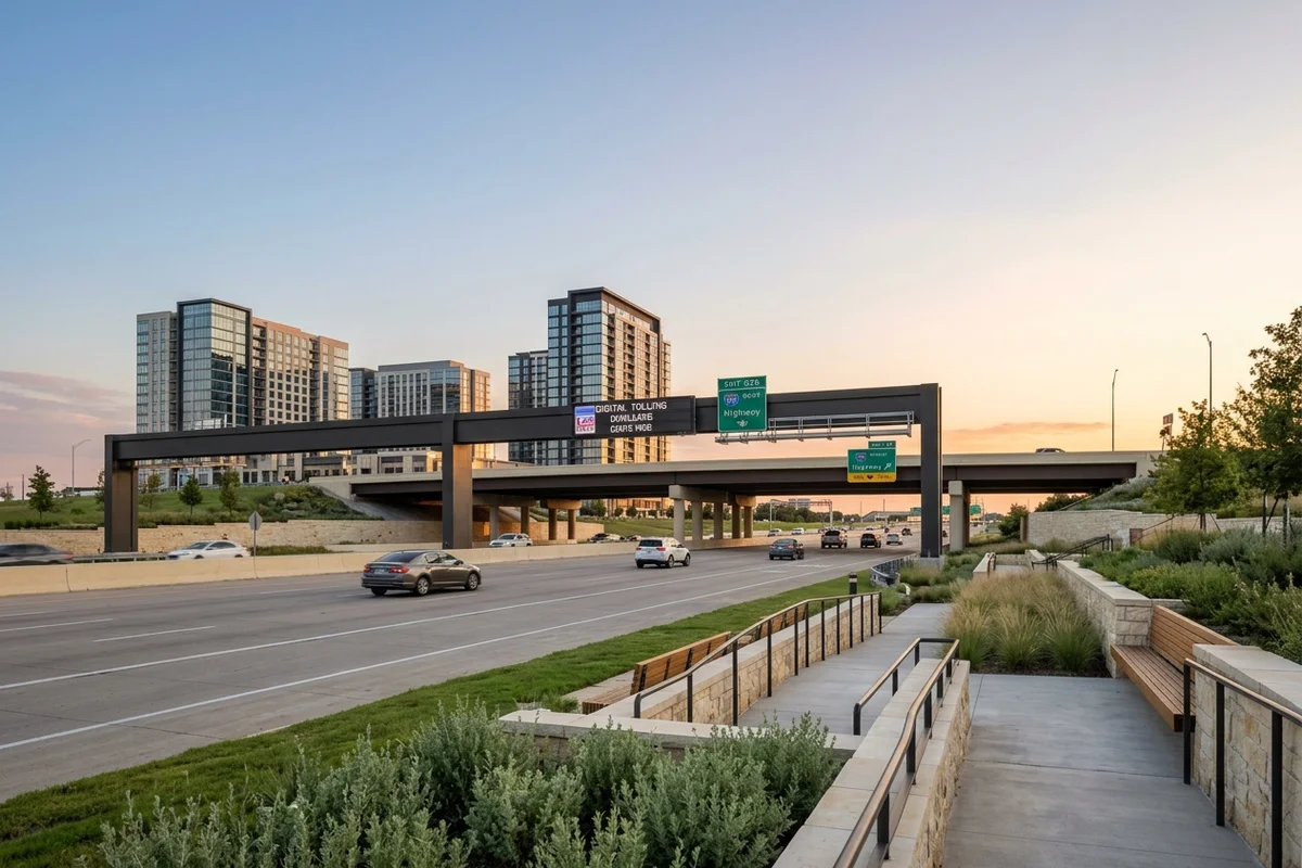 Dallas North Tollway gantry near Frisco at sunset