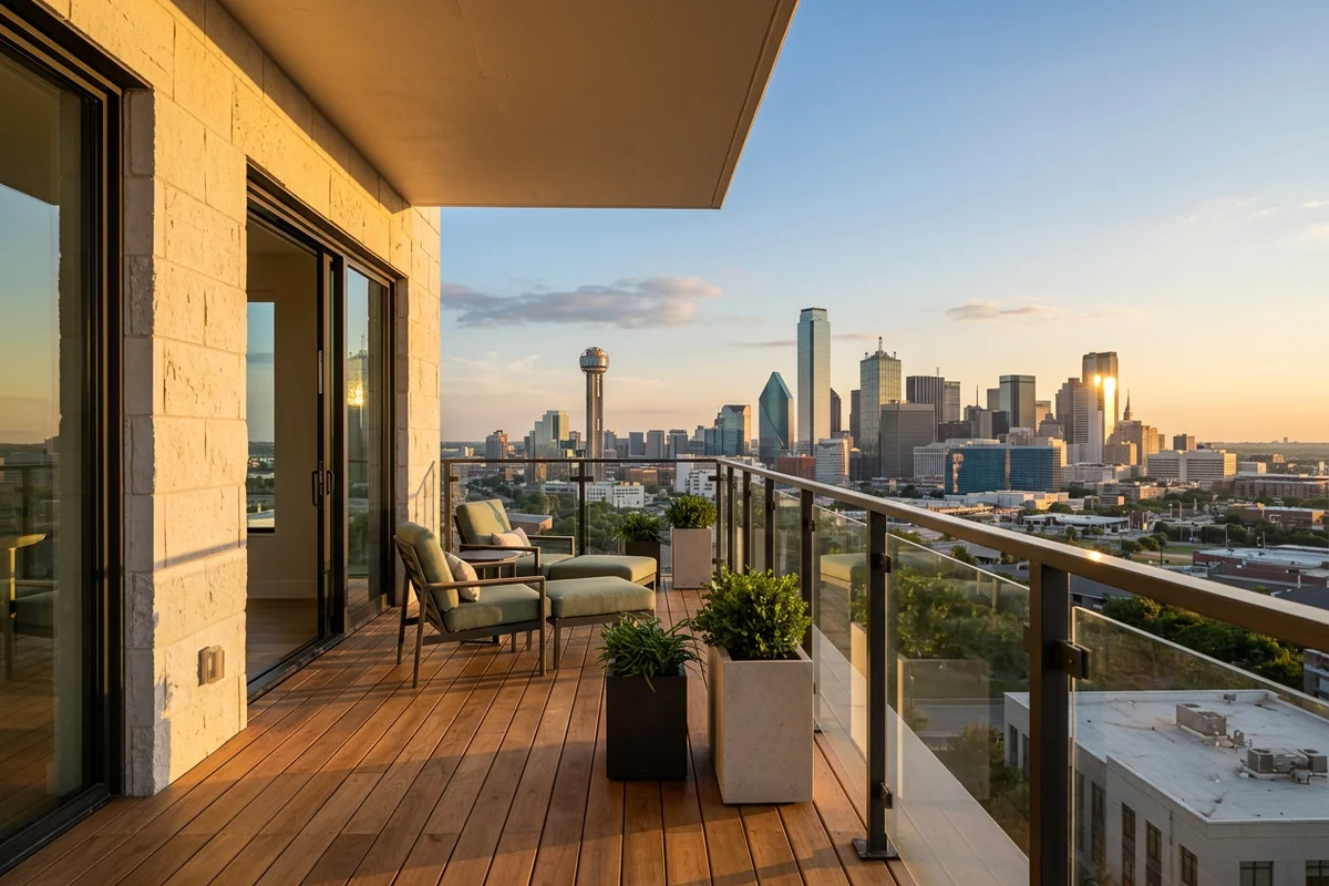 Dallas skyline at golden hour from a new apartment balcony