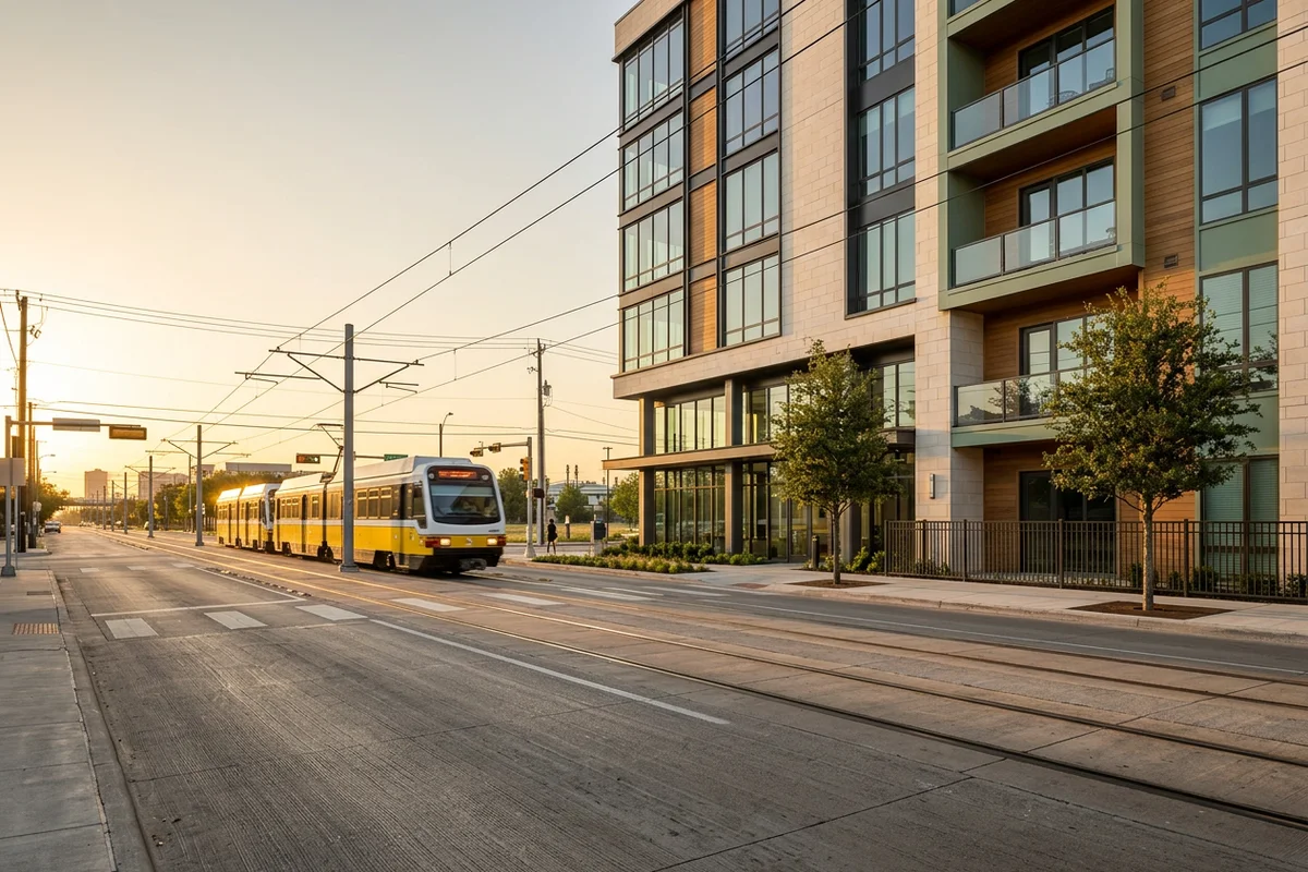 DART light rail train passing a new apartment building at golden hour