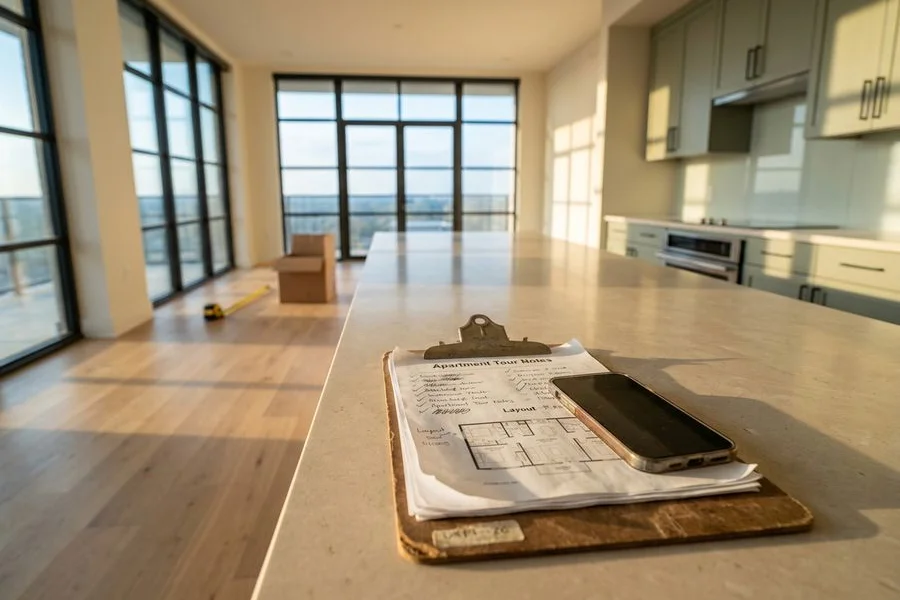 Tour notes clipboard and phone in a new apartment unit