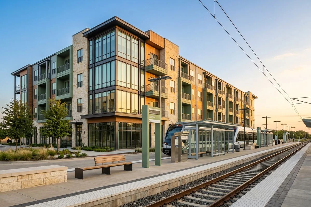 A-Train platform at Old Town Station with a new apartment building behind it