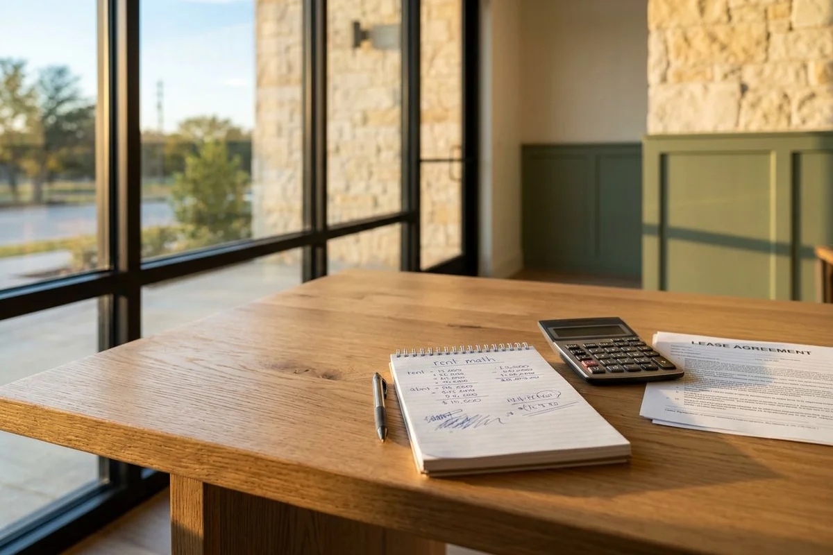 Handwritten rent math beside a calculator and lease