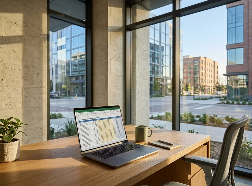Laptop showing a dated apartment price spreadsheet on an oak desk