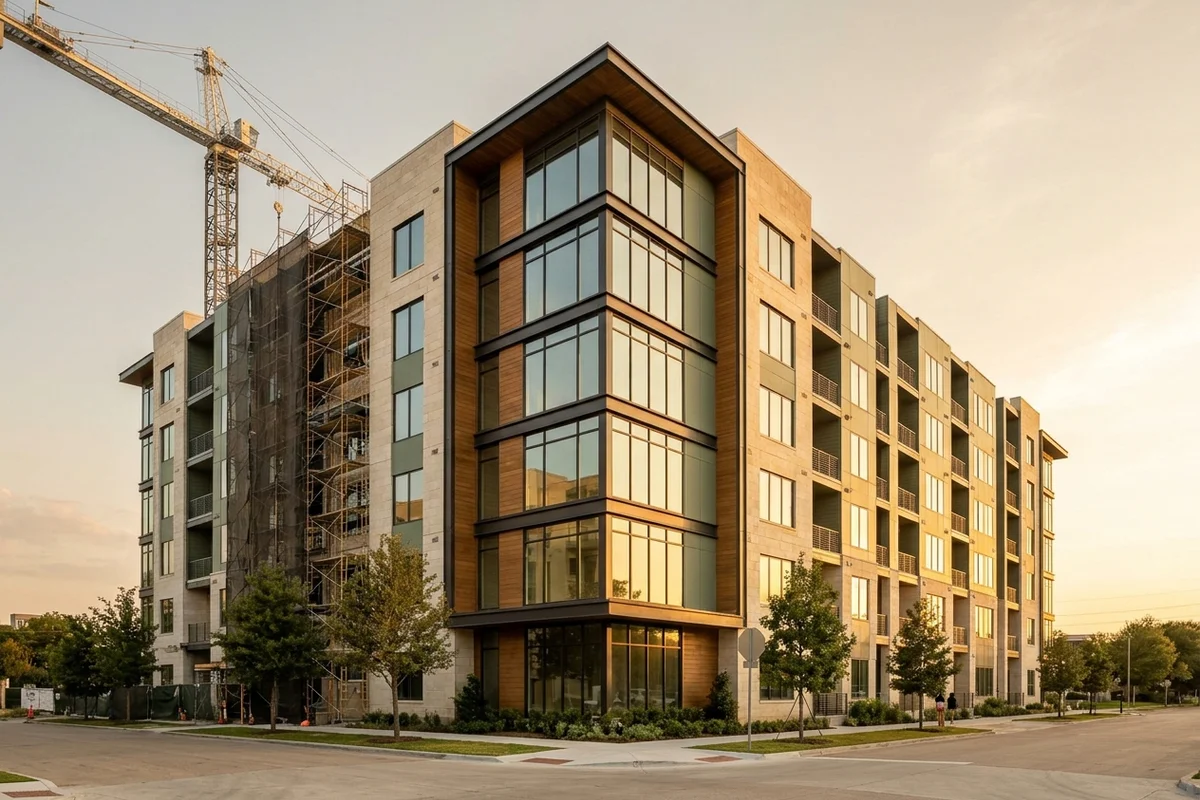 Nearly finished Dallas apartment building with a crane at golden hour