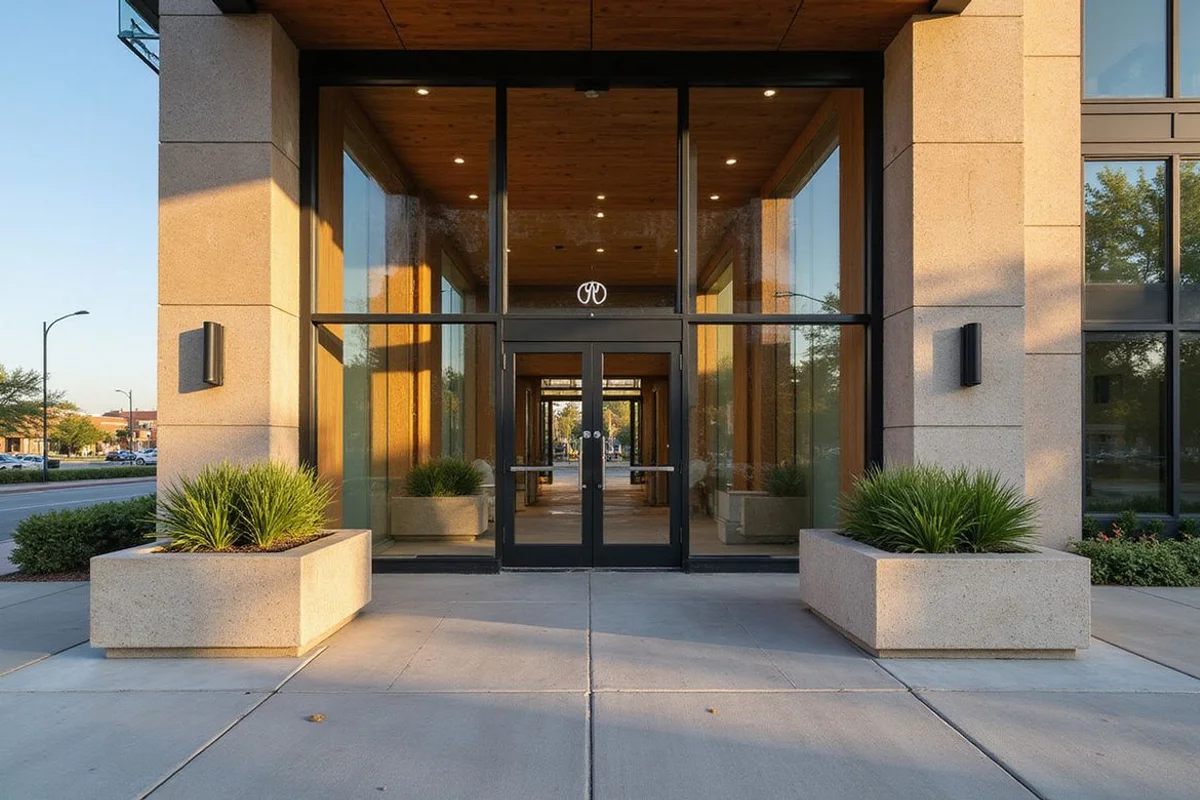 Entrance of a new Dallas apartment tower at golden hour