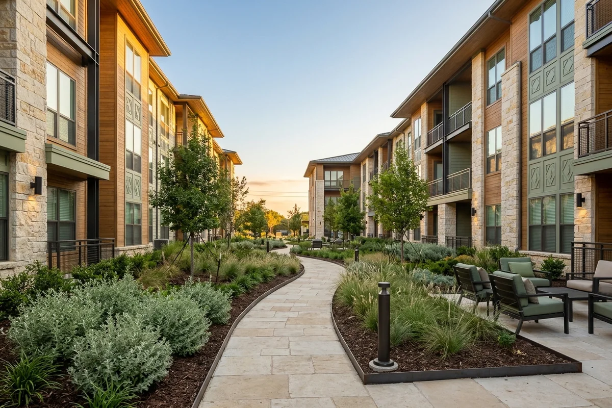 New low-rise apartment community courtyard at golden hour