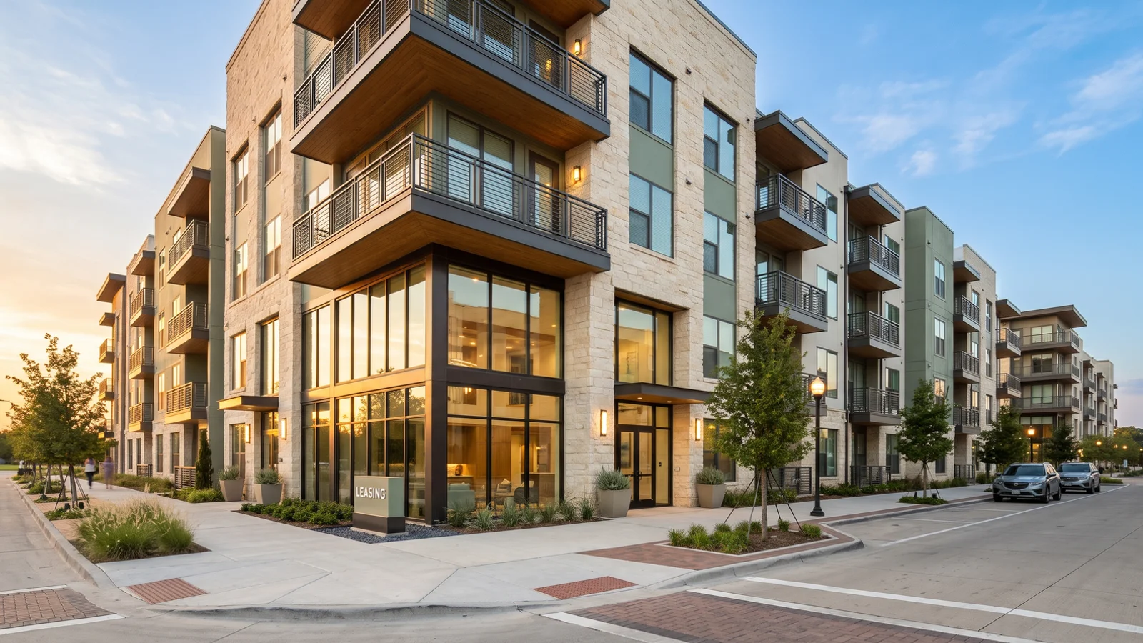 New mid-rise apartment buildings near Old Town Lewisville at golden hour