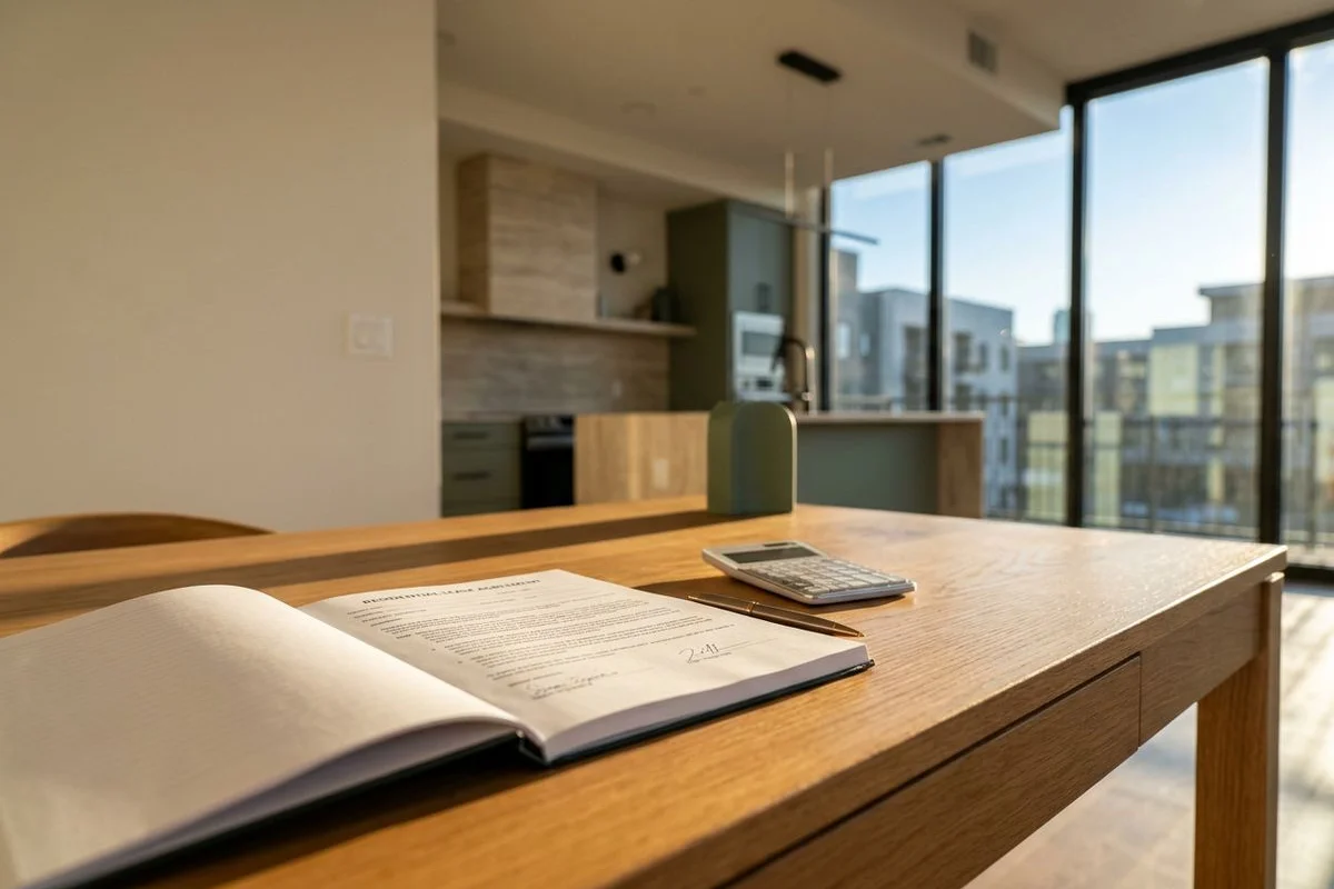Lease pages and a calculator on an oak desk in a new apartment