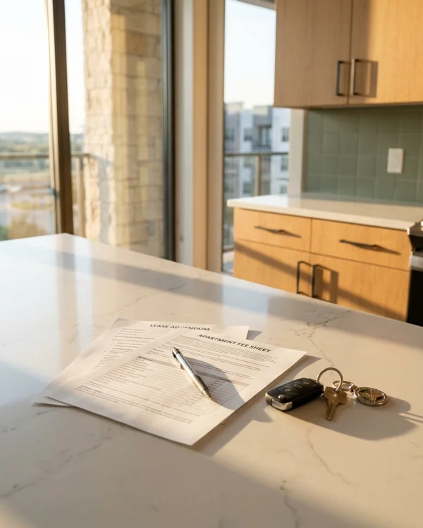 Printed fee sheet and lease addendum beside keys