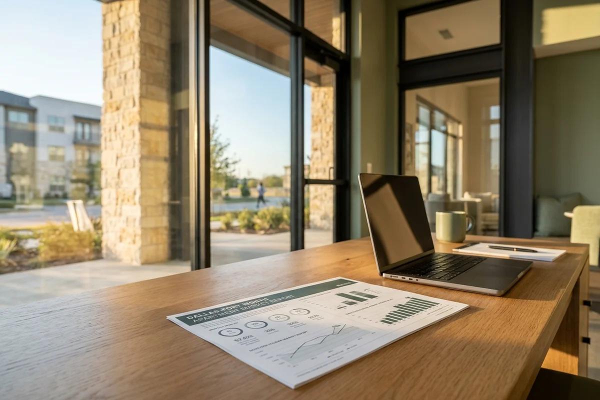 Printed monthly apartment report with charts on an oak desk