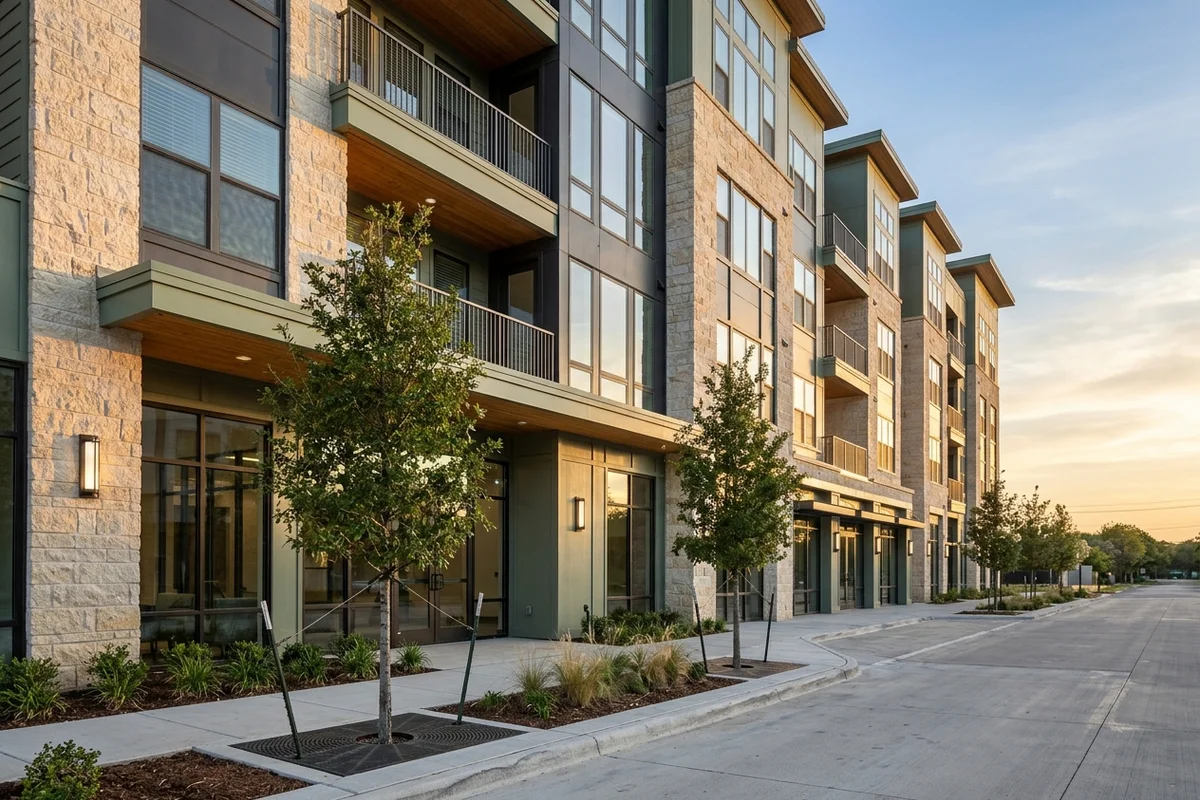 New Dallas apartment buildings at golden hour
