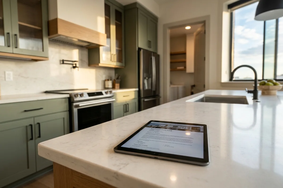 Tablet showing an apartment price card on a stone counter