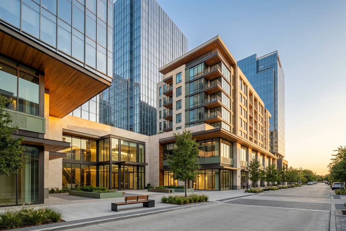 Victory Park office towers and a new residential building at golden hour