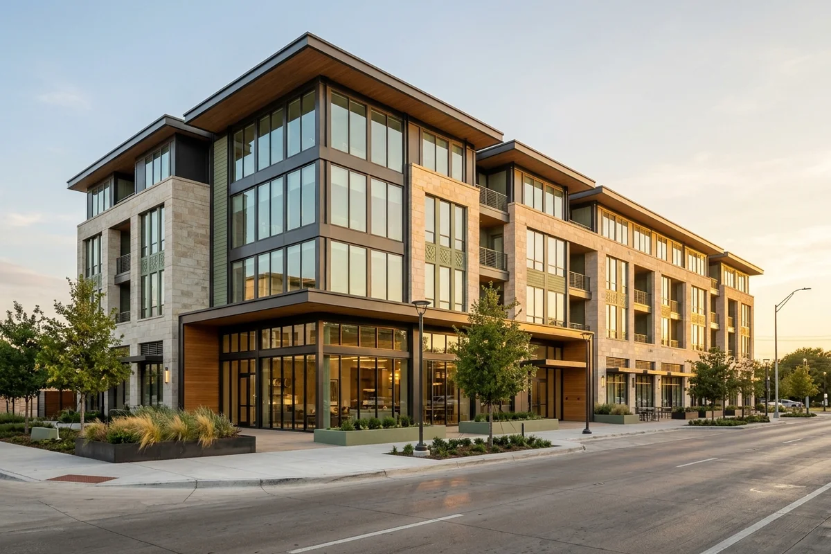 New ground-up mid-rise apartment buildings on the Dallas side at golden hour